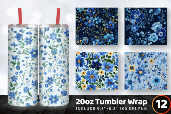 Blue Embroidery Flowers Tumbler Wrap