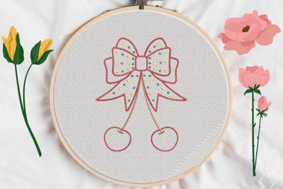 Christmas Bow Cherry Applique Embroidery
