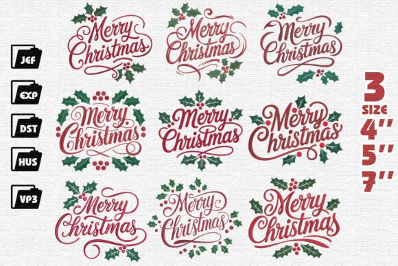 Set of 9 Merry Christmas Embroidery